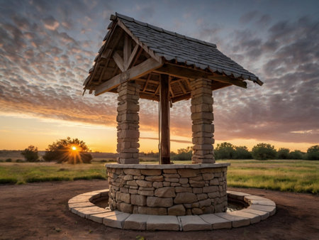 Old well in the field at sunset. Ukraine, Dniproの素材