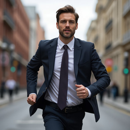 Young handsome businessman wearing suit and tie walking in the city streets.の素材
