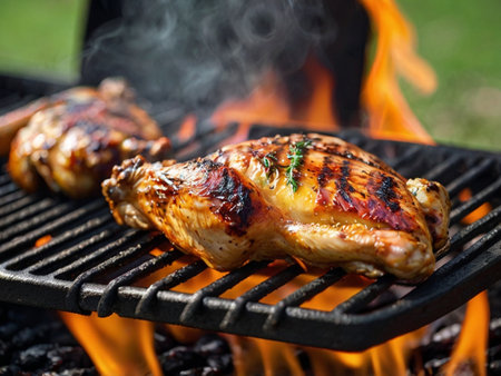 Grilled chicken legs on the grill with flames on the background.の素材