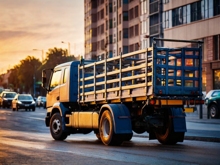 Truck with cargo on the road in the city at sunset.の素材