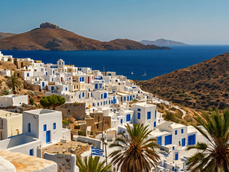 Image of white city on a slope of a hill, Oia, Santorini, Greeceの素材