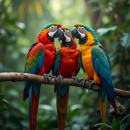 Beautiful Scarlet macaws (Ara ararauna) in the forestの素材