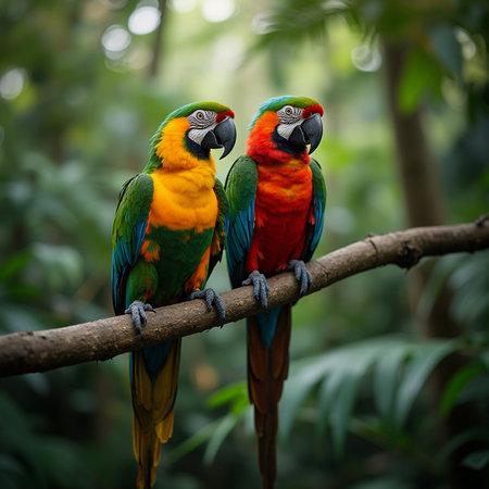 Colorful macaws sitting on a branch in a tropical forest.の素材