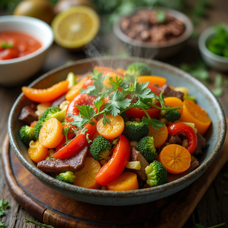 Beef stew with vegetables and herbs in a bowl on a wooden tableの素材