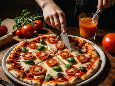 Female hands cutting pizza with tomato and mozzarella on wooden tableの素材