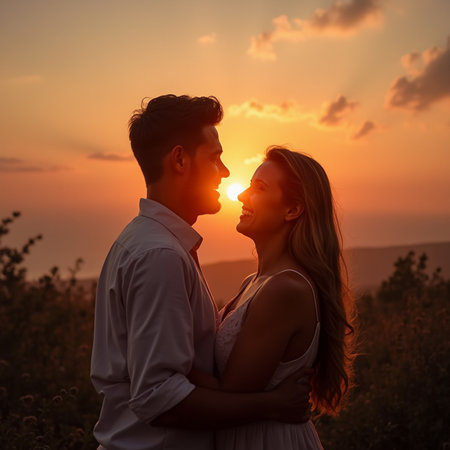 Young couple in love on the background of the setting sun in the mountainsの素材