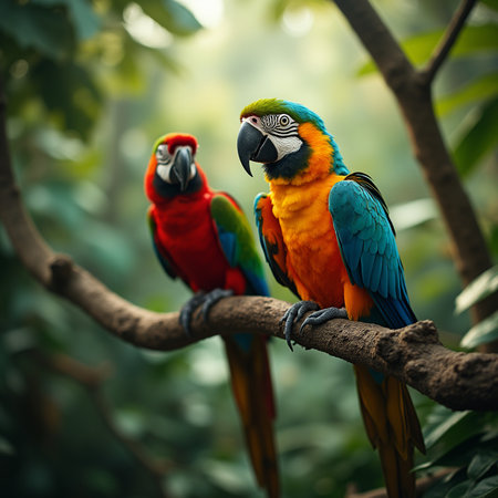 Colorful macaws sitting on a branch in the jungle. Tropical birds.の素材