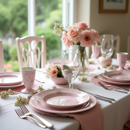 Elegant table setting with pink plates, crockery and cutleryの素材