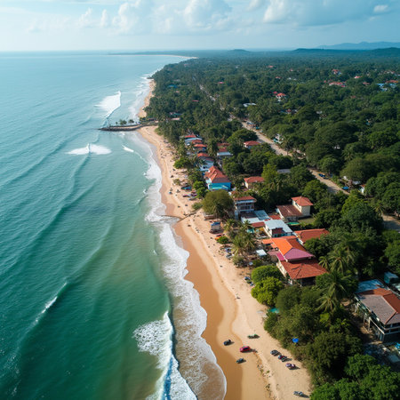 Aerial view of beautiful tropical beach and sea with coconut palm tree for travel and vacationの素材