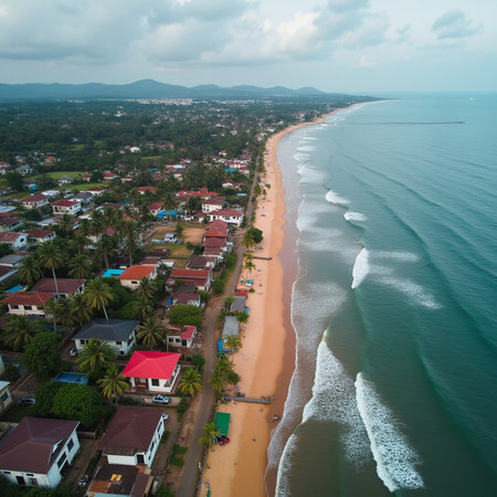 Aerial view of beautiful beach and sea with coconut palm tree at sunset time.の素材