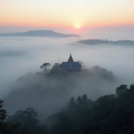 Silhouette of pagoda in the morning fog at Phu Chi Fa, Loei, Thailandの素材