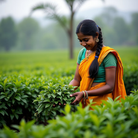 Young Indian woman picking tea leaves at tea plantation in India.の素材