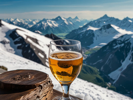 A glass of beer on the background of the mountains, Switzerland.の素材