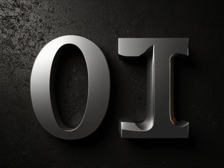 Metal number 0 on a black wall. 3d rendering. Computer digital drawing.の素材