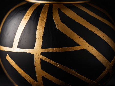 Black vase with golden pattern on a black background. Close up.の素材