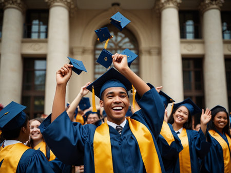 happy students in graduation gowns with diplomas in hands at universityの素材