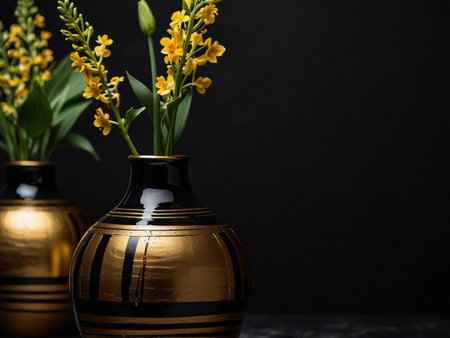 Yellow flowers in vases on a black background. Copy space.の素材