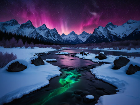 Aurora borealis over a mountain lake in winter. Northern lights.の素材