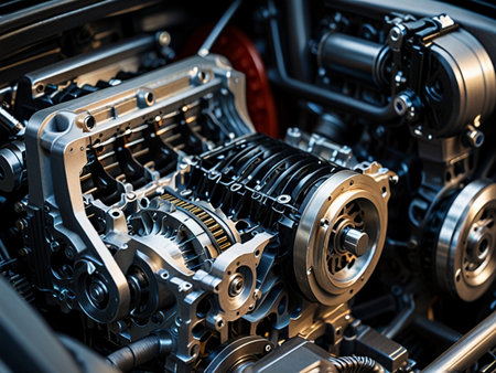 Close up of the engine of a modern car. 3D renderingの素材