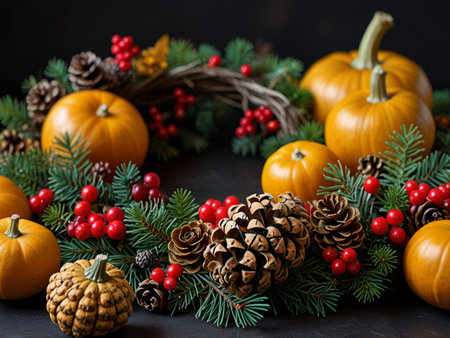 Pumpkin wreath with berries and pine cones on black backgroundの素材