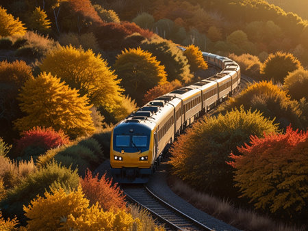 Train passing through autumn forest. Railway in the autumn forest at sunset.の素材