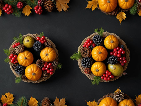 Autumn composition. Pumpkins, berries and leaves on black background. Flat lay, top view, copy spaceの素材