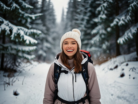 Happy young woman with backpack hiking in winter forest. Travel concept.の素材