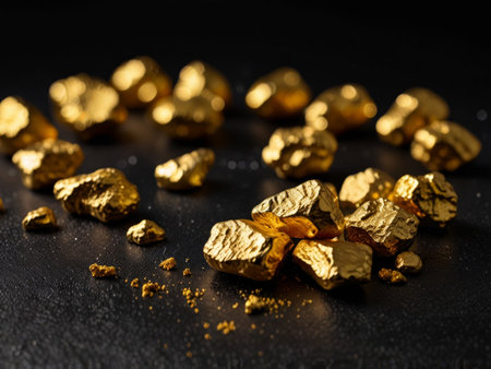 Gold nuggets on a black background. Gold is a precious stone.の素材