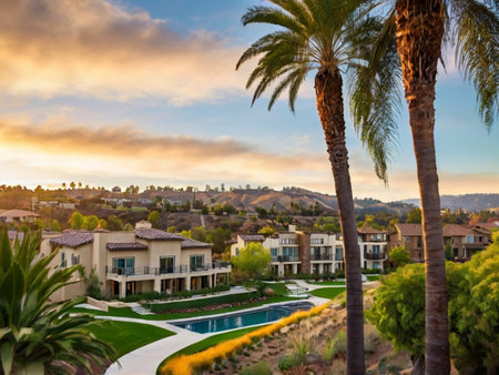 House with palm trees and pool at sunset in California, USA.の素材