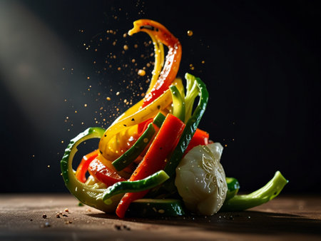 Falling bell pepper and mozzarella on a wooden table.の素材