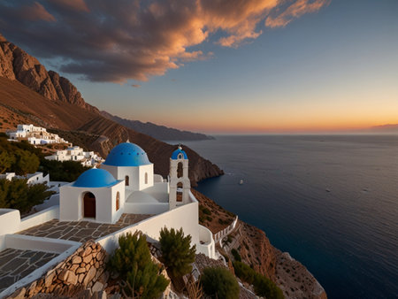 Image of white architecture on a slope of a hill at sunset, Oia, Santorini, Greeceの素材