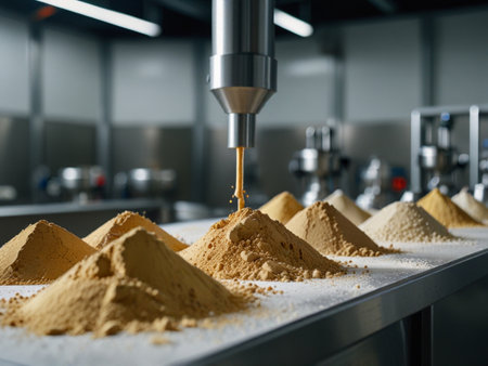 Pile of gold powder on the conveyor belt in the factoryの素材