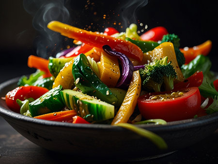 Vegetable salad with bell pepper, tomato, cucumber, onion and sesame seedsの素材