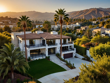 Aerial view of luxury villa in the desert with palm treesの素材