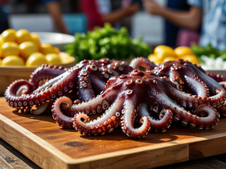 Fresh octopus on a wooden cutting board in a street food marketの素材