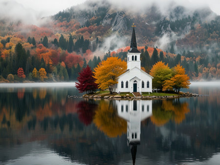 Church on a small island in the middle of the lake in autumnの素材