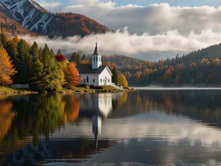 Beautiful autumn landscape of Hallstatt lake and St. Nicholas Church in Austriaの素材
