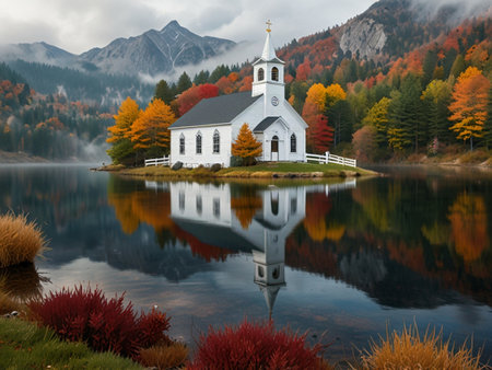 Church on the lake in autumn. Autumn landscape in the mountains.の素材