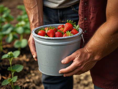 Farmer holding a bucket of fresh strawberries in the field, close-upの素材
