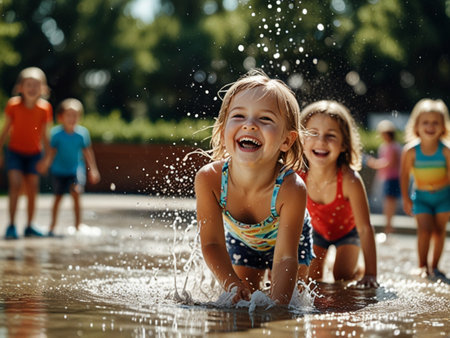 Group of happy children playing in a pool on a hot summer dayの素材