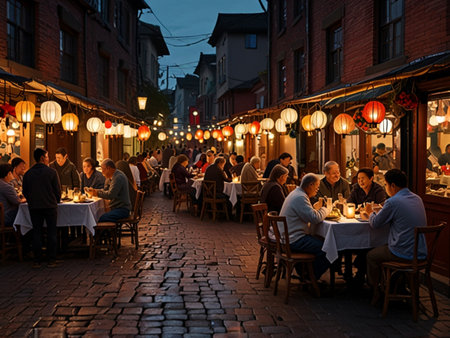 People sitting in a restaurant at night in Dublin, Irelandの素材