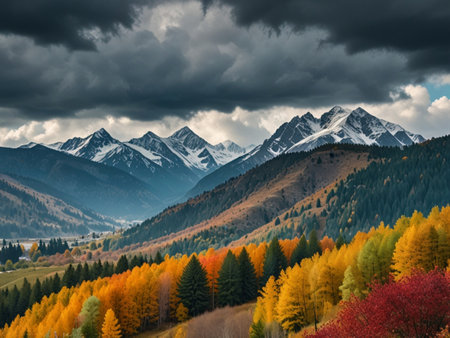 Mountain autumn landscape with colorful forest and snowcapped peaks.の素材