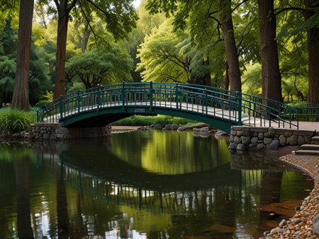 A bridge over a pond in the park in Tokyo, Japan.の素材