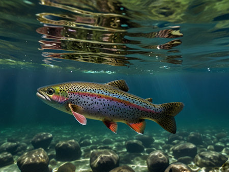 Rainbow trout swimming in the water. Rainbow trout (Trichogaster hirta)の素材
