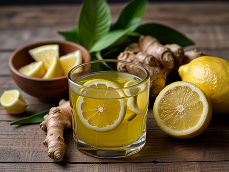 Ginger tea with lemon and honey on a wooden background. Close up.の素材