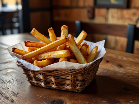 French fries in a basket on a wooden table in a cafe.の素材