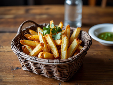 French fries in a basket on a wooden table. Selective focus.の素材