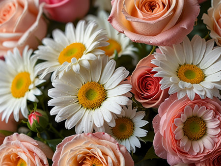 Beautiful bouquet of roses and daisies, closeupの素材