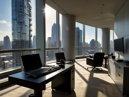 Modern office interior with a panoramic window overlooking the city.の素材