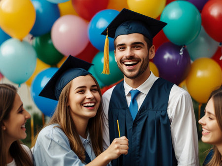 happy students in mortarboards and gowns celebrating graduation at university campusの素材